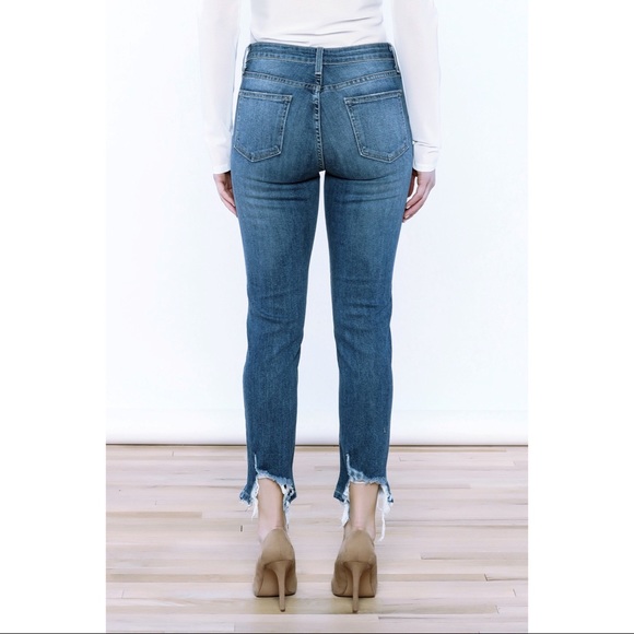 JUST BLACK High Rise Med Wash Distressed Hem Denim - Picture 2 of 9